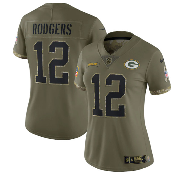 Women's Green Bay Packers #12 Aaron Rodgers Olive 2022 Salute To Service Limited Stitched Jersey(Run Small)